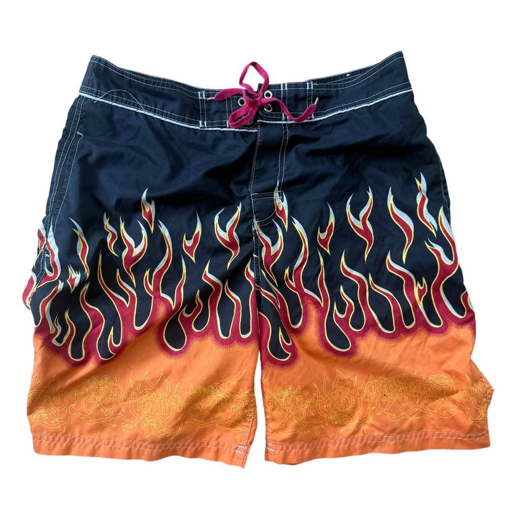No Boundaries Y2K Flame Board Shorts Tribal Print Swim Trunks XL Black Orange